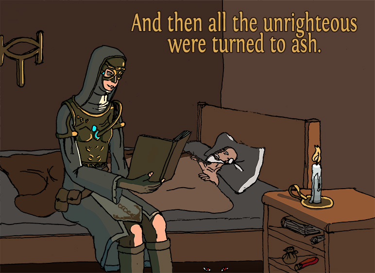 Path of Exile fan art. Cassia reading a bedtime story for the Templar