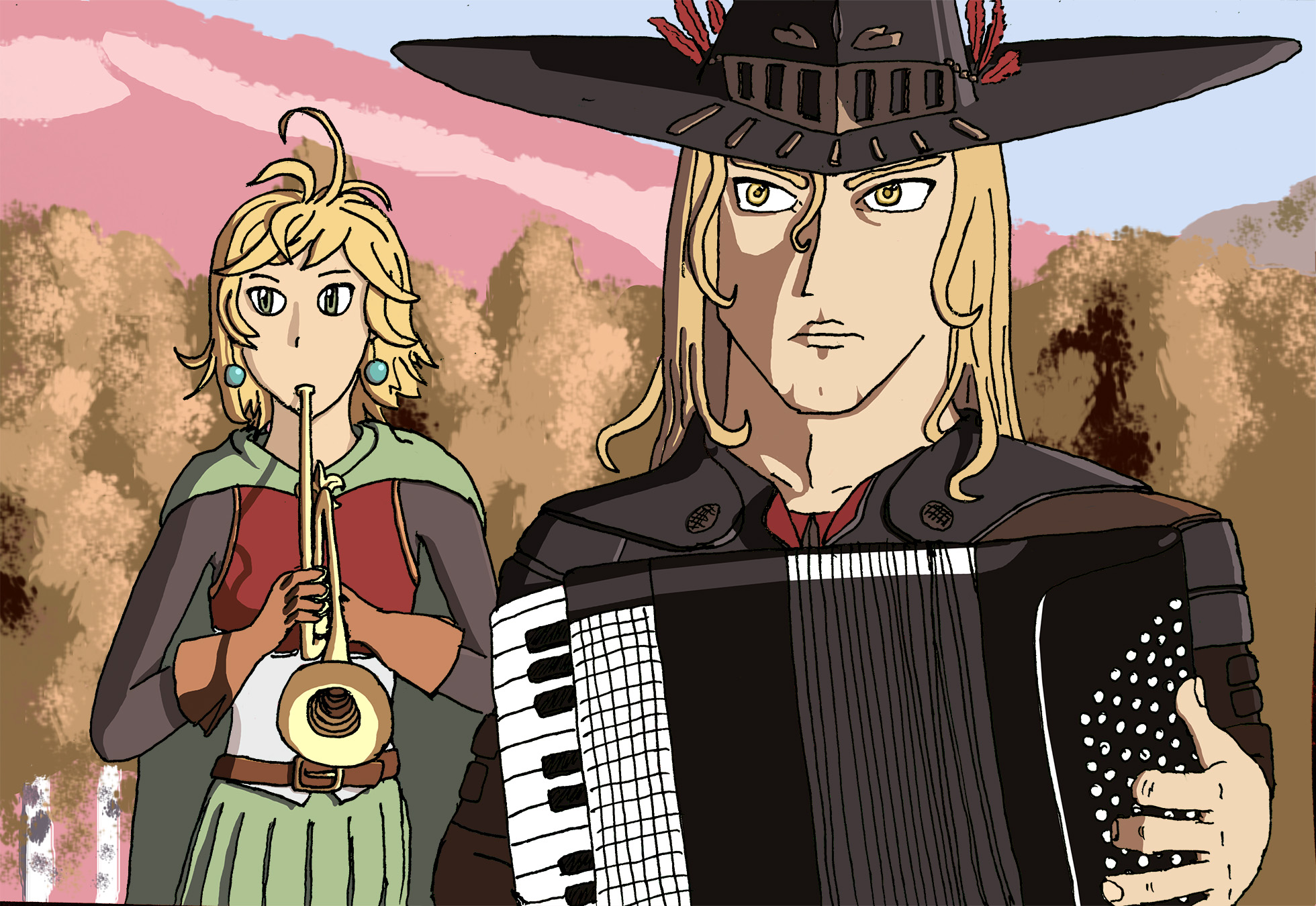A fan art of Lucius and Teena ftom Granblue Fantasy, playing the instrument