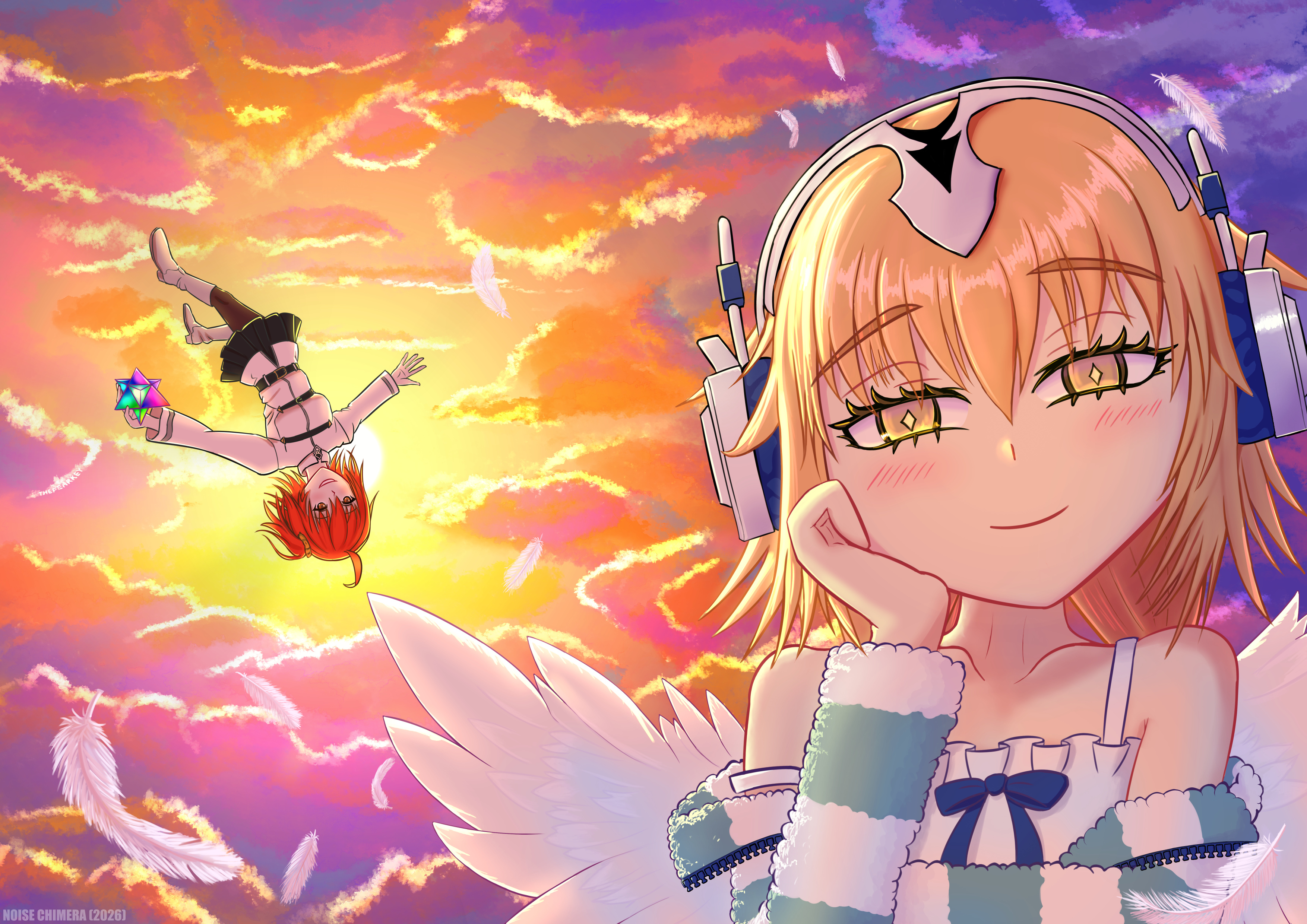 Metatron Jeanne with Gudako in a sunset sky