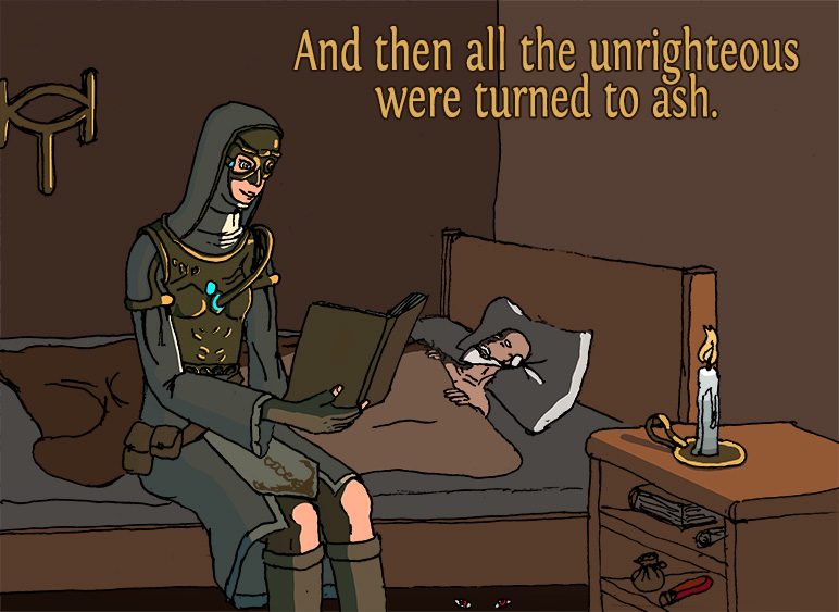 Path of Exile fan art. Cassia reading a bedtime story for the Templar