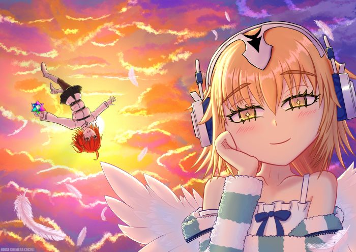 Metatron Jeanne with Gudako in a sunset sky